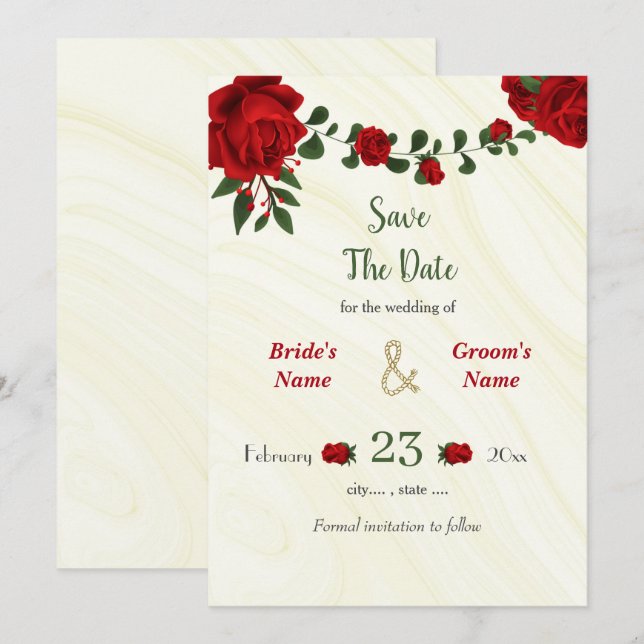 red flowers green leaves  save the date (Front/Back)