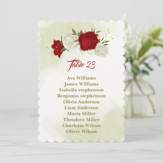 red flowers green leaves seating chart card (Standing Front)