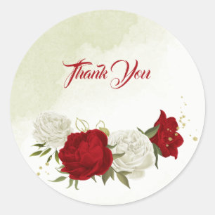 red flowers green leaves wedding classic round sticker