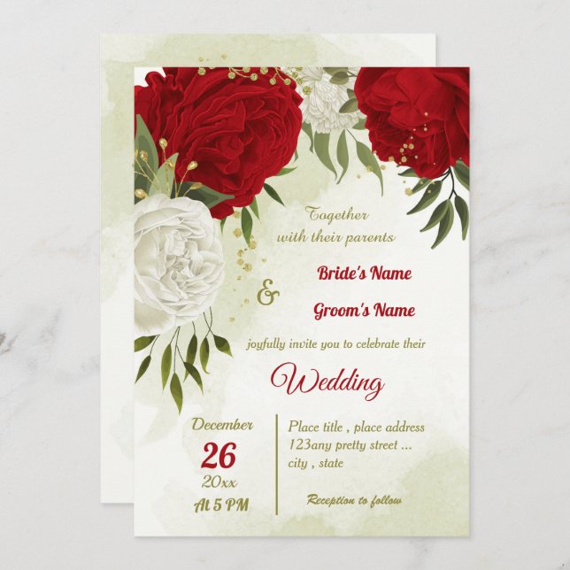 red flowers green leaves wedding invitation (Front/Back)