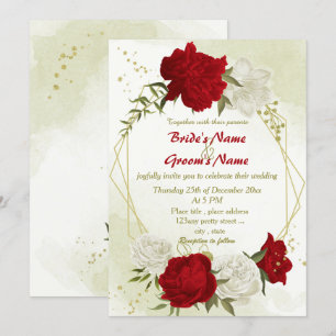 red flowers green leaves wedding invitation