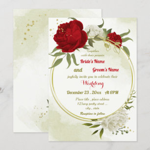 red flowers green leaves wedding invitation