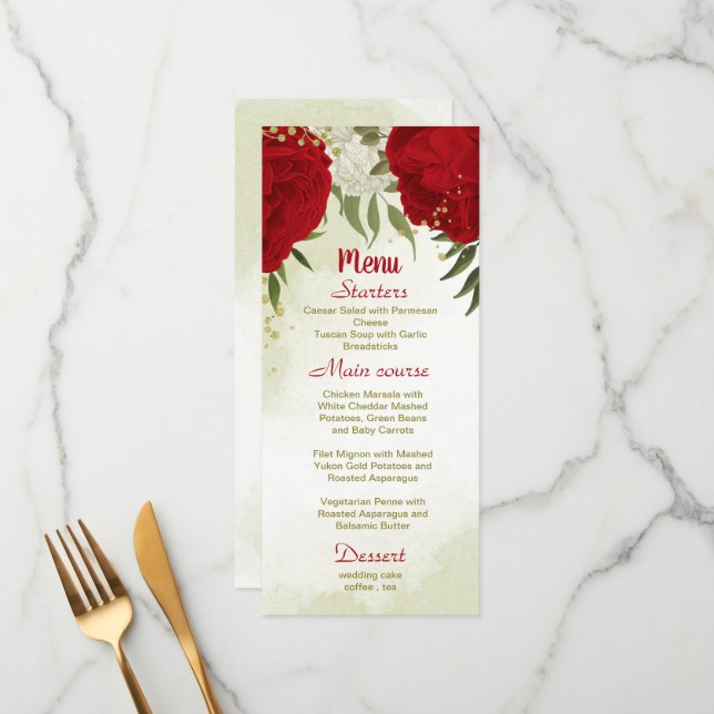 red flowers green leaves wedding menu (Front/Back In Situ)