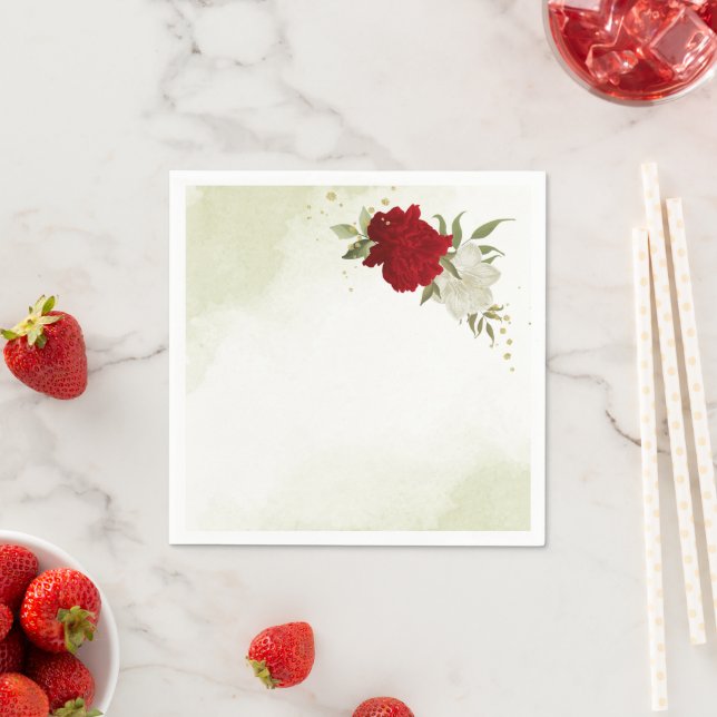 red flowers green leaves wedding napkin (Insitu)