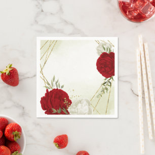 red flowers green leaves wedding napkin