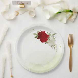 red flowers green leaves wedding paper plate