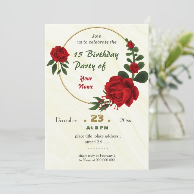 red flowers green leaves wreath birthday invitation (Standing Front)