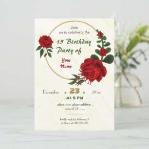 red flowers green leaves wreath birthday invitation
