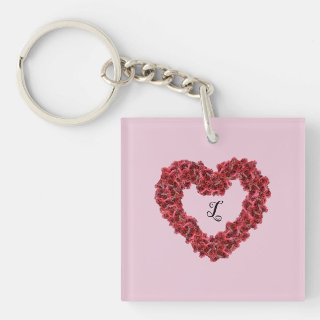 Red Flowers Heart with Monogram Floral    Key Ring (Front)