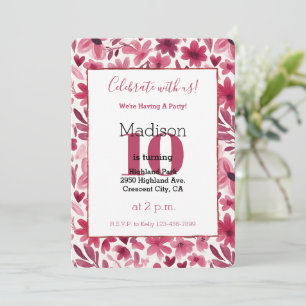 Red Flowers Hearts Birthday Invitation