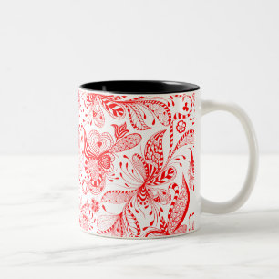 Red Flowers & Hearts Illustration Two-Tone Coffee Mug