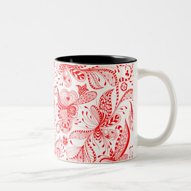 Red Flowers & Hearts Illustration Two-Tone Coffee Mug (Right)