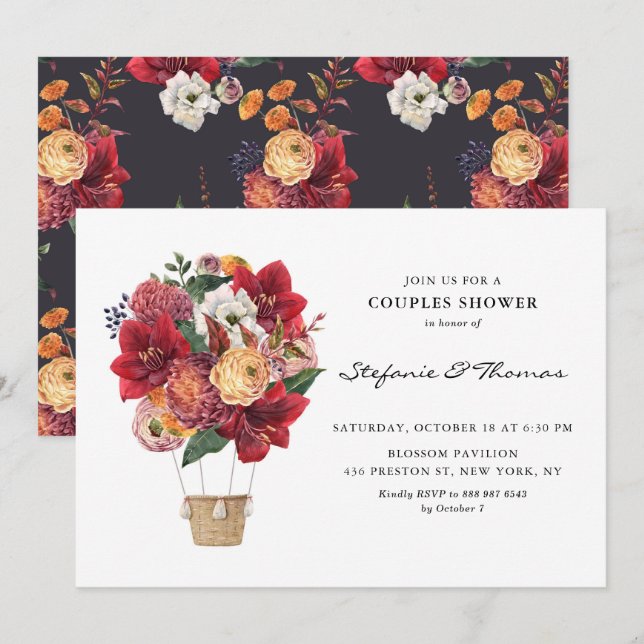 Red Flowers Hot Air Balloon Couples Shower Invitation (Front/Back)