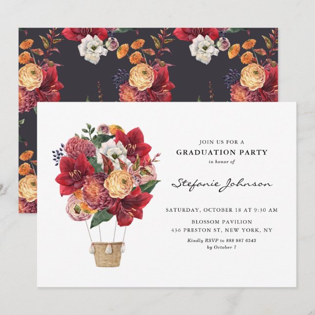 Red Flowers Hot Air Balloon Graduation Party Invitation (Front/Back)