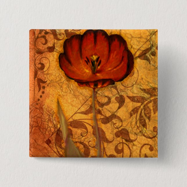 Red Flowers I 15 Cm Square Badge (Front)