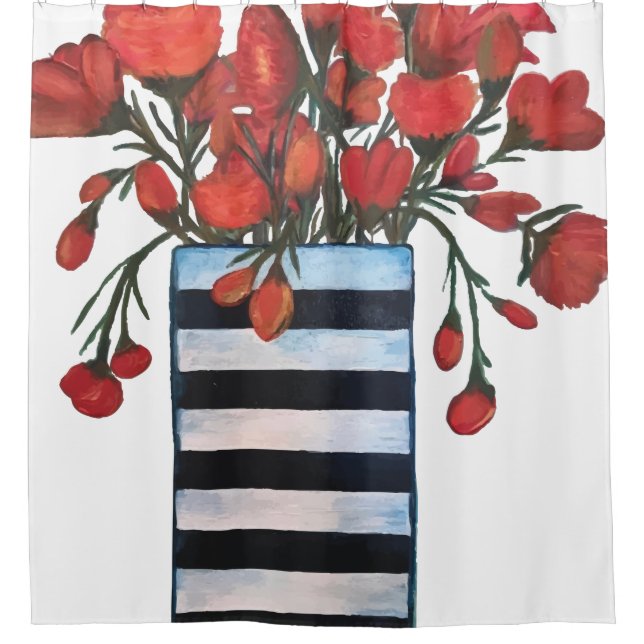 Red Flowers in Black and White Striped Vase Shower Curtain (Front)