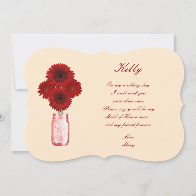 Red Flowers Mason Jar Maid Of Honour Card (Front)