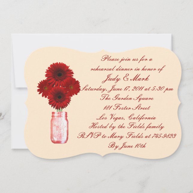 Red Flowers Mason Jar Rehearsal Dinner Invitation (Front)