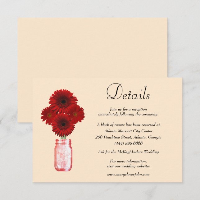 Red Flowers Mason Jar Wedding Details Enclosure Card (Front/Back)