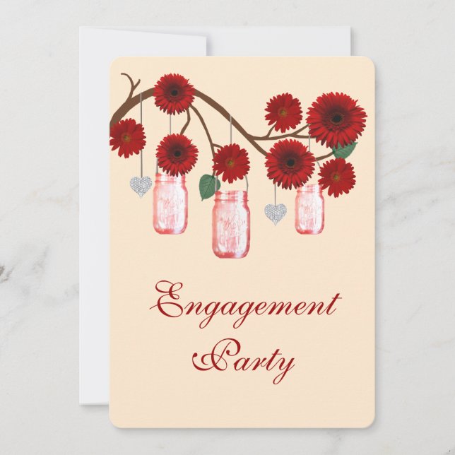 Red Flowers Mason Jars Engagement Party Invitation (Front)