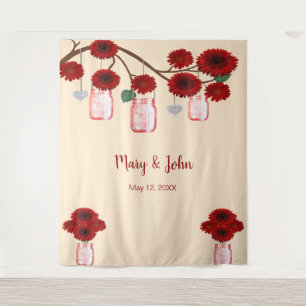 Red Flowers Mason Jars Photo Backdrop Tapestry