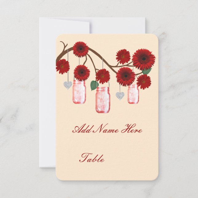 Red Flowers Mason Jars Table Place Card (Front)