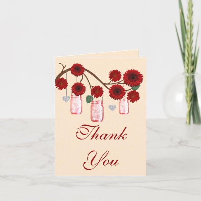Red Flowers Mason Jars Thank You Card (Front)
