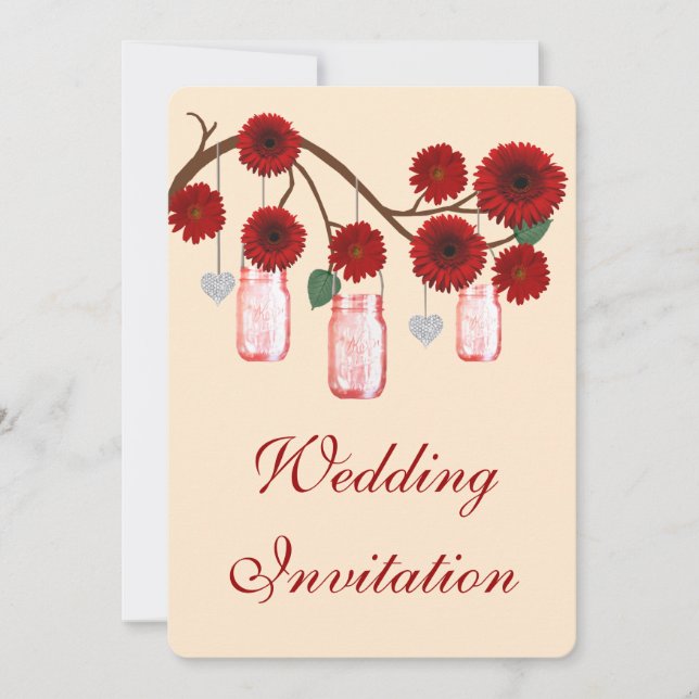 Red Flowers Mason Jars Wedding Invitation (Front)