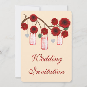 Red Flowers Mason Jars Wedding Invitation
