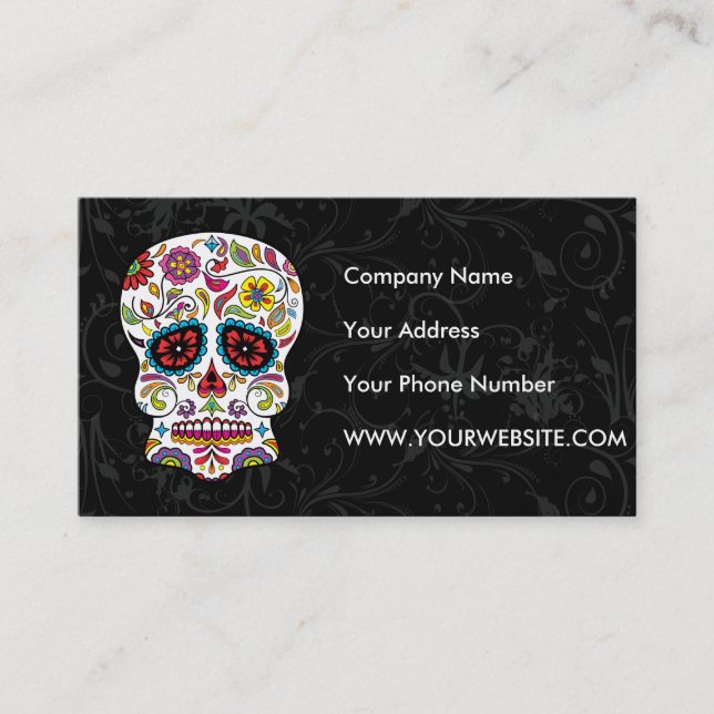 Red Flowers Mexican Tattoo Sugar Skull Business Card (Front)
