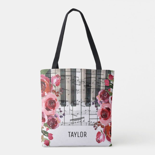 red flowers music notes piano tote bag (Back)