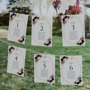Red Flowers, Navy Flowers, Seating Chart Cards