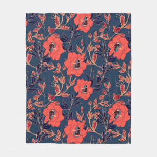 Red flowers of roses and peonies with leaves and p fleece blanket