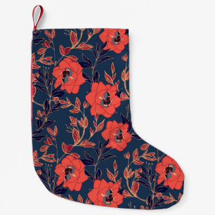 Red flowers of roses and peonies with leaves and p small christmas stocking