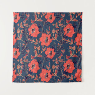 Red flowers of roses and peonies with leaves and p tapestry