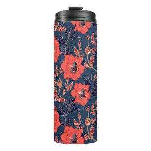 Red flowers of roses and peonies with leaves and p thermal tumbler
