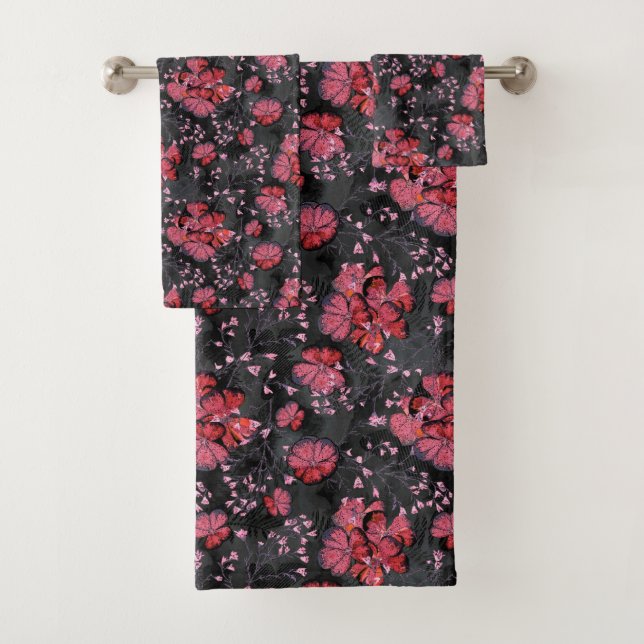 Red flowers on a black-grey background. bath towel set (Insitu)