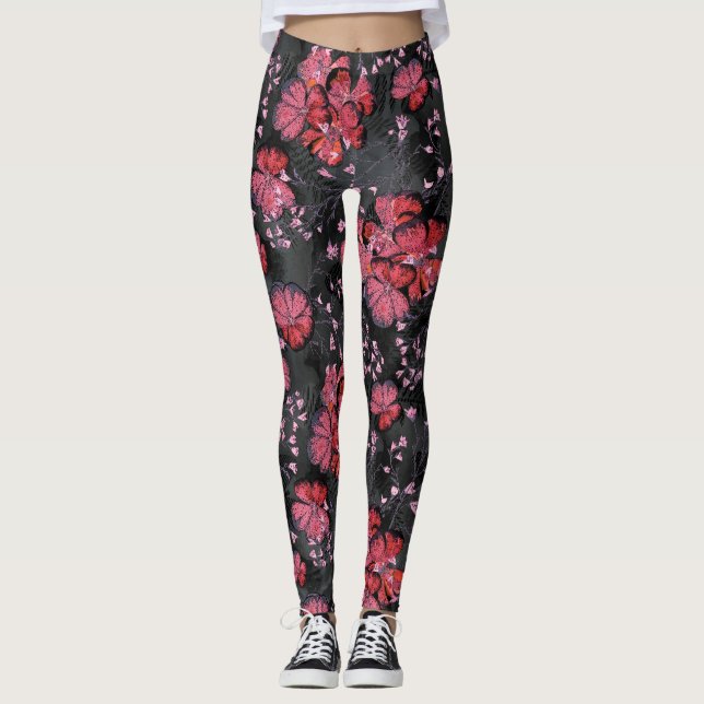 Red flowers on a black-grey background. leggings (Front)