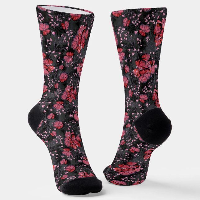 Red flowers on a black-grey background. socks (Angled)