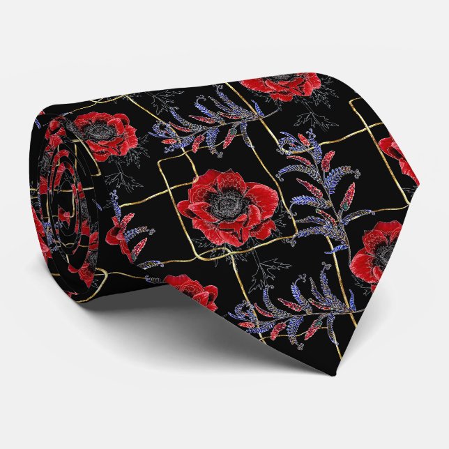 Red flowers on a black tie (Rolled)