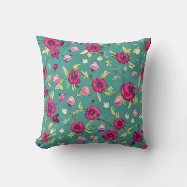 Red Flowers on a green background  Cushion (Front)