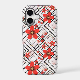 Red flowers on a white, black background.