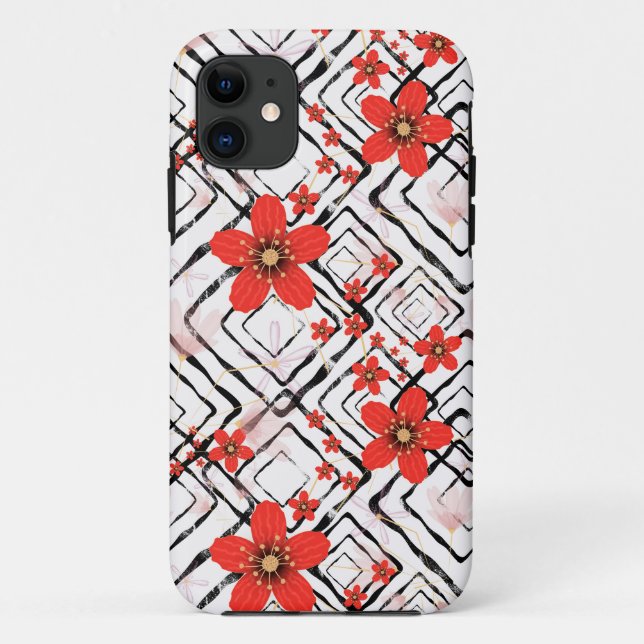Red flowers on a white, black background. Case-Mate iPhone case (Back)