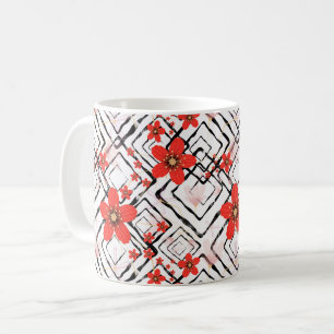 Red flowers on a white, black background. coffee mug
