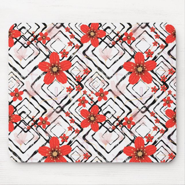 Red flowers on a white, black background. mouse mat (Front)