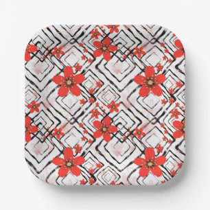 Red flowers on a white, black background. paper plate