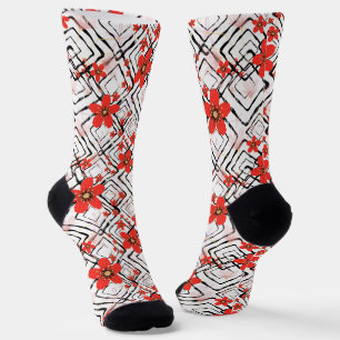 Red flowers on a white, black background. socks