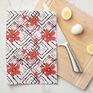 Red flowers on a white, black background. tea towel
