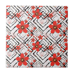 Red flowers on a white, black background. tile