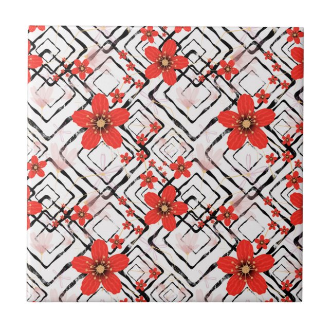 Red flowers on a white, black background. tile (Front)